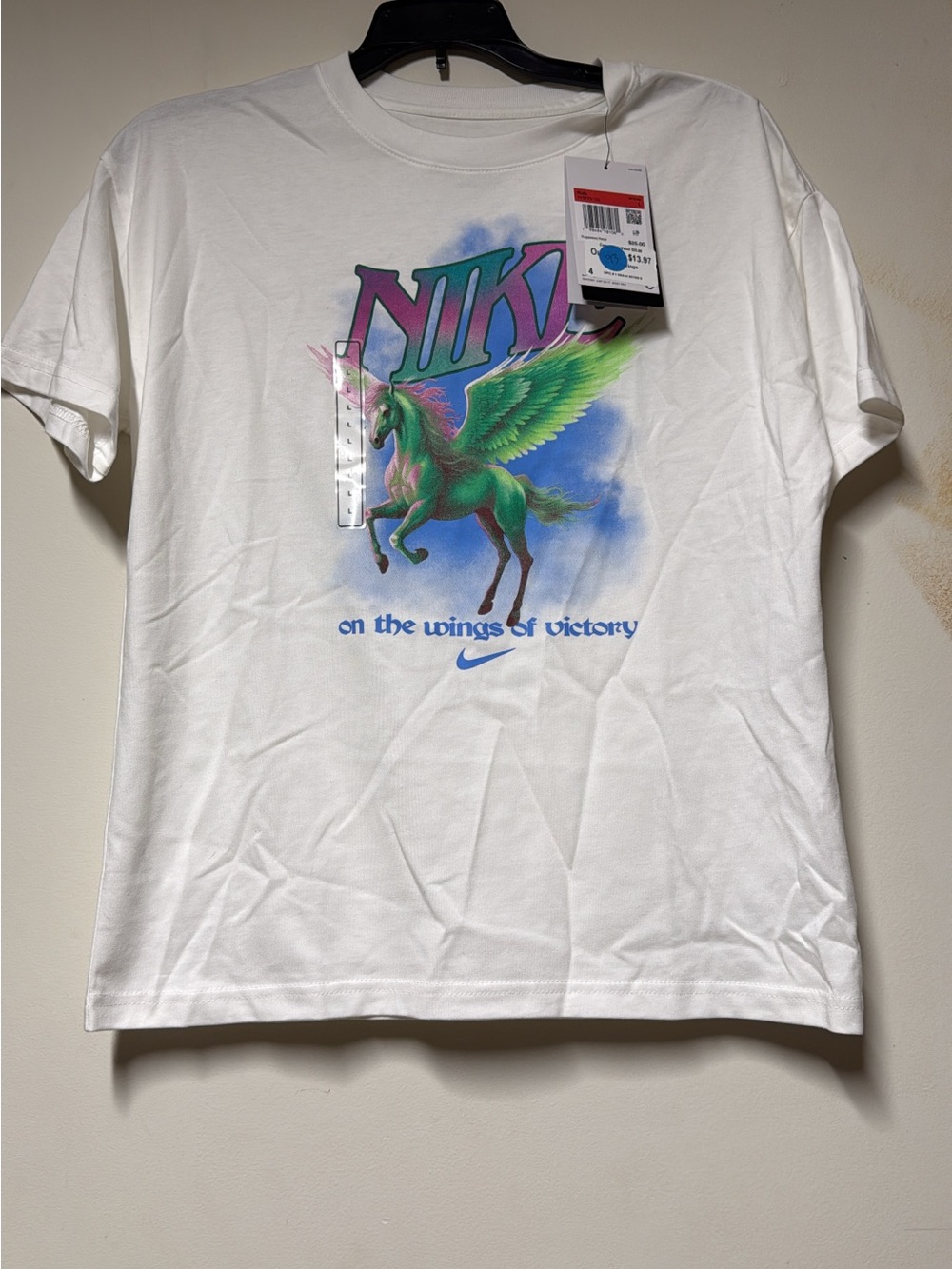 Nike White Tee with Green & Purple Pegasus Graphic